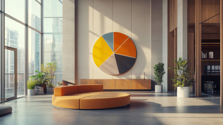 A spacious modern lobby featuring a vibrant art piece, circular seating arrangement, and abundant natural light, creating an inviting and stylish environment for visitors.の素材