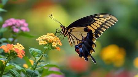 A stunning butterfly gracefully feeds on colorful flowers in a vibrant garden, showcasing the intricate beauty of nature and the delicate balance of the ecosystem.の素材