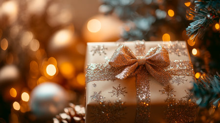 Cozy wrapped Christmas gift adorned with a shimmering bow, set against a backdrop of soft lights, evoking warmth and festive joy for holiday celebrations.の素材