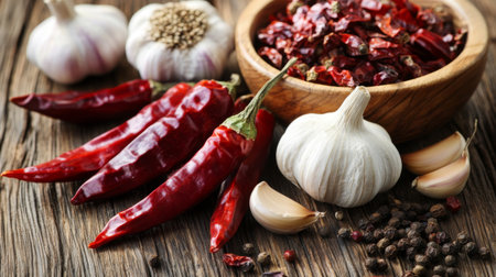 A vibrant arrangement of fresh red chili peppers and garlic, alongside bowls of dried chili flakes, showcasing spices suitable for enhancing culinary dishes.の素材