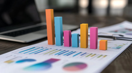 A vibrant 3D bar graph sits atop a financial report, showcasing various data points. A laptop is visible, emphasizing a modern business environment perfect for analytics.の素材