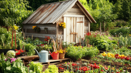 A picturesque garden scene featuring a rustic shed surrounded by vibrant flowers and fresh vegetables, embodying the beauty of nature and sustainable gardening practices.の素材