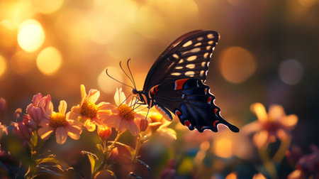 A stunning butterfly delicately rests on blooming flowers, captured in a dreamy sunset glow. This image showcases the essence of nature's beauty and tranquility in a vivid garden scene.の素材