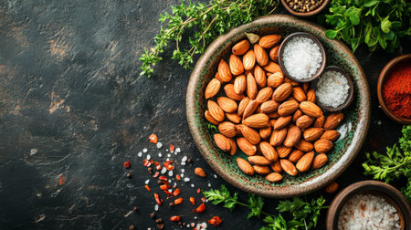 A beautiful arrangement of almonds, salt, and spices alongside fresh herbs on a rustic wooden table, perfect for showcasing healthy eating and culinary creativity.の素材