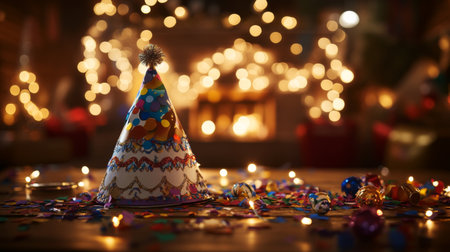 A vibrant party hat sits amidst colorful confetti and soft twinkling lights, encapsulating the warmth and joy of festive gatherings during the holiday season.の素材