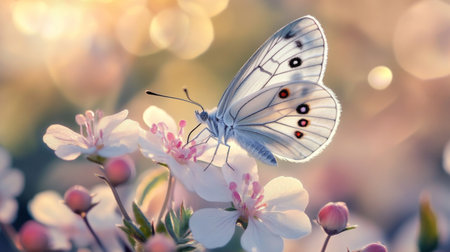 A stunning butterfly rests gracefully on vibrant flowers, showcasing the intricate details of its wings, set against a dreamy, softly lit background that evokes a sense of tranquility.の素材