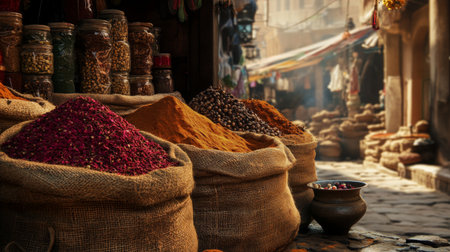 Discover the enchanting atmosphere of a historic market filled with vibrant spices and herbs, showcasing an array of colors and textures in a charming street setting.の素材