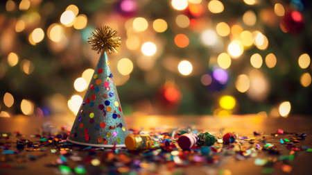 A vibrant party hat rests on a table surrounded by colorful confetti, with a soft-focus background of twinkling lights, creating a joyful atmosphere perfect for celebrations.の素材