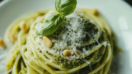 Indulge in a vibrant plate of spaghetti topped with fresh pesto, pine nuts, and basil, perfect for showcasing culinary creativity and vibrant flavors in photography.の素材