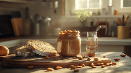 A cozy kitchen scene featuring fresh bread slices beside a jar of nut butter, accented by almonds and warm natural light, inviting you to enjoy a wholesome breakfast or snack.の素材