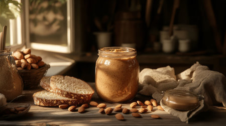 A cozy kitchen scene featuring creamy almond butter in a jar, fresh bread slices, and scattered almonds, illuminated by soft natural light for a warm atmosphere.の素材