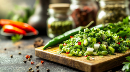 Vibrant and fresh chopped green herbs and vegetables on a wooden cutting board with spices in the background, perfect for culinary inspiration and healthy cooking.の素材
