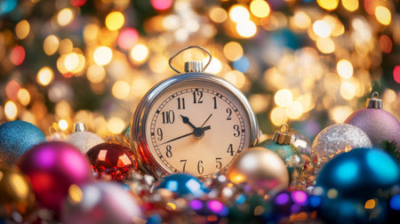 Beautiful vintage clock is placed amidst colorful ornaments, creating a festive ambiance perfect for holiday celebrations and New Year countdown moments.の素材