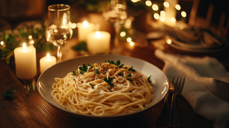 Experience the warmth of a gourmet pasta dish adorned with fresh herbs, set against a backdrop of soft candlelight, perfect for romantic dinners or special occasions.の素材