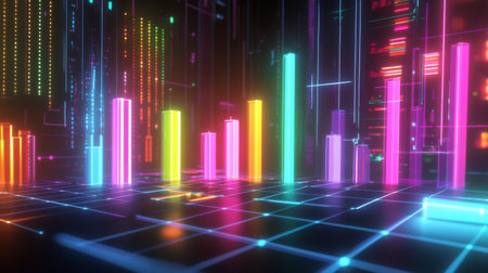 A vibrant and modern digital visualization featuring colorful neon bars and glowing dots, representing data analytics and performance metrics in a futuristic abstract environment.の素材