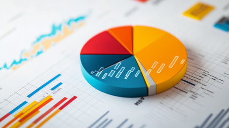 Vibrant pie chart on a business document illustrates financial data trends. Ideal for business analysis, reports, and strategic planning visuals for effective communication.の素材