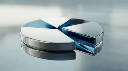 A sleek metallic pie chart rests on a reflective surface, ideal for business analysis and data visualization, showcasing a modern design and cool color tones for professional presentations.の素材