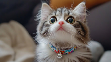 A playful and curious kitten gazes up with big, expressive eyes in a cozy indoor atmosphere. Its fluffy fur and colorful collar add charm to this heartwarming scene.の素材
