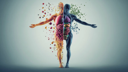 This artistic illustration vividly contrasts human anatomy with vibrant colors, depicting the intricate balance between internal organs and brain, conveying themes of health and vitality.の素材