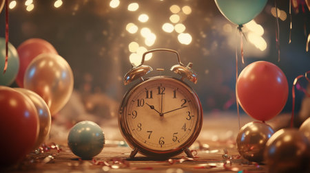A charming vintage alarm clock sits amid colorful balloons and twinkling lights, creating a magical atmosphere perfect for celebrations, events, and joyful moments.の素材