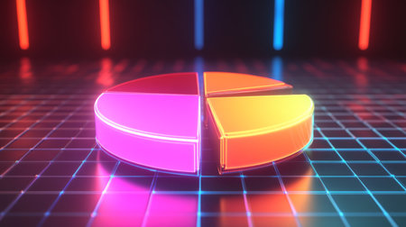 Colorful neon pie chart sits on a glowing grid background, ideal for data visualization, presentations, and creative business graphics in a modern digital setting.の素材