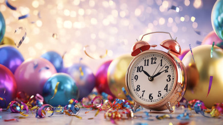 A charming vintage alarm clock sits amid colorful balloons and sparkling confetti, capturing the festive spirit of celebrations. Perfect for New Year's Eve or birthday themes.の素材