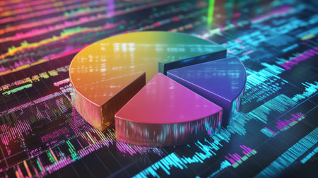 A vibrant pie chart sits against an abstract background showcasing data visualization elements, ideal for business presentations, financial reports, and analytical studies.の素材