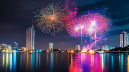 A vibrant display of fireworks lights up the night sky over an urban landscape, beautifully reflecting on the water, creating a mesmerizing atmosphere of celebration and joy.の素材