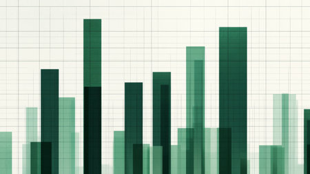 Modern abstract representation of data visualization featuring green bars on a grid background, symbolizing growth trends and performance metrics in business analysis.の素材