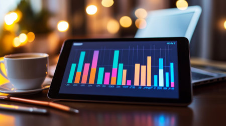 A tablet displaying vibrant graphs and charts sits beside a steaming coffee cup and laptop in a cozy office setting, illuminated by soft, warm bokeh lights.の素材