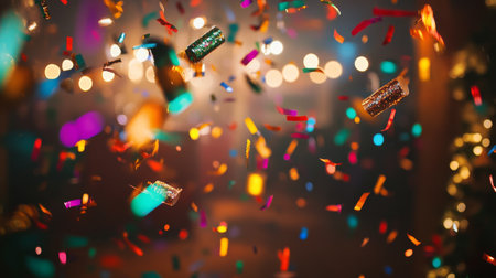 Vibrant and colorful confetti falls gracefully in a festive atmosphere, enhancing the joyful background created by beautiful blurred lights, ideal for event themes.の素材