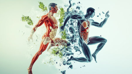 Engaging and artistic depiction of human anatomy, emphasizing the contrast between vital systems and a healthy lifestyle. Perfect for educational and wellness contexts.の素材