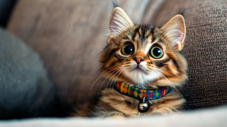 A charming fluffy kitten with large expressive eyes rests comfortably on a textured couch. It wears a colorful collar and embodies the essence of playfulness and warmth in a home setting.の素材