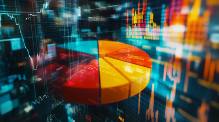 Captivating data visualization featuring a colorful pie chart overlaid on dynamic graphs, ideal for illustrating financial trends and statistical analysis in modern business contexts.の素材