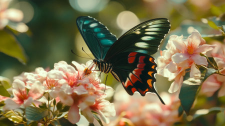 A stunning butterfly with vivid colors perched on pink flowers in a sunlit garden, representing the beauty of nature and the delicate balance of life.の素材