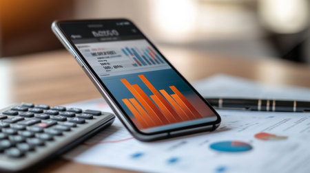 A stylish smartphone shows detailed financial data and vibrant graphs, set on a wooden table with a calculator and papers, illustrating analysis and market insights.の素材