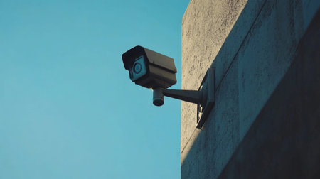 A sleek surveillance camera mounted on a building wall captures a clear blue sky, representing modern security technology and its role in urban safety and monitoring efforts.の素材
