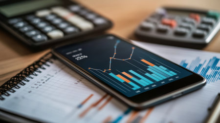 A collection of modern finance tools on a workspace, including a smartphone displaying graphs, calculators, and notebooks, ideal for financial analysis and budgeting.の素材