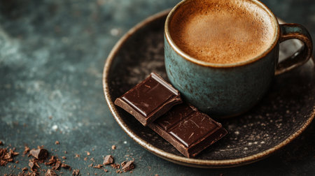 A warm cup of espresso paired with rich dark chocolate creates the perfect indulgent experience, ideal for relaxation or an energizing break throughout the day.の素材