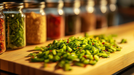 A vibrant assortment of freshly chopped green vegetables on a wooden cutting board with jars of various spices blurred in the background, encouraging healthy cooking and meal preparation.の素材