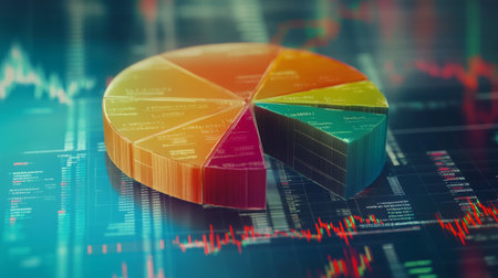A colorful pie chart sits atop a digital financial backdrop, illustrating data trends and market insights with vibrant colors and precise details for analysis.の素材