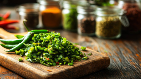 A vibrant display of freshly chopped herbs and green chilies on a wooden cutting board, surrounded by jars of spices, showcasing an inviting atmosphere for cooking enthusiasts.の素材