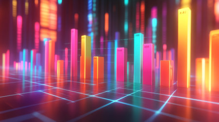 A stunning display of colorful bar graphs lights up a futuristic digital landscape, representing data analytics and statistics in a vibrant and engaging manner.の素材
