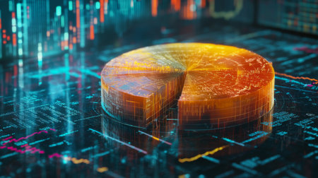 A stunning representation of a digital pie chart on a futuristic interface, showcasing analytical data and statistics in a dynamic and colorful format. Perfect for themes like analysis.の素材