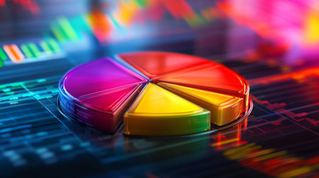 A vibrant pie chart set against an abstract stock market backdrop, showcasing financial graphs and data visualizations, perfect for business analysis and investment themes.の素材