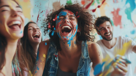 A lively scene of four friends laughing and celebrating, covered in colorful paint, showcasing joy and togetherness in a vibrant and creative environment.の素材