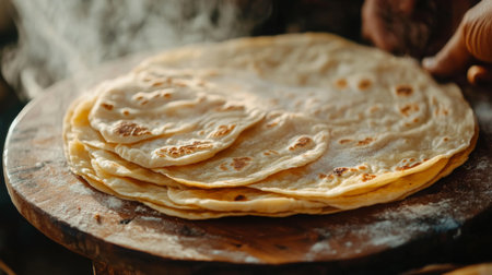 This image depicts a stack of freshly cooked flatbreads resting on a wooden surface, with steam gently rising, highlighting the essence of traditional culinary skills and inviting warmth.の素材