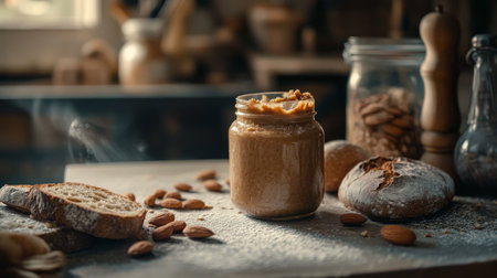 A cozy kitchen scene showcasing a jar of homemade nut butter surrounded by almonds, artisanal bread, and fresh cookies, perfect for evoking warmth and comfort.の素材