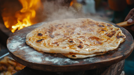 A captivating scene of freshly made flatbread sizzling on a wooden platter, surrounded by warm fire and steam, showcasing the rich culture of street food.の素材