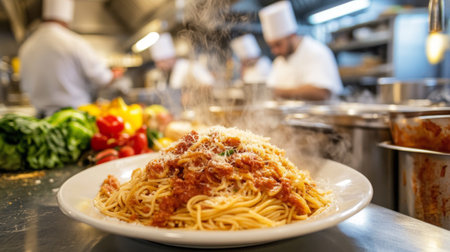 A steaming plate of spaghetti topped with rich sauce and cheese captures the essence of culinary art in a bustling kitchen filled with fresh ingredients.の素材